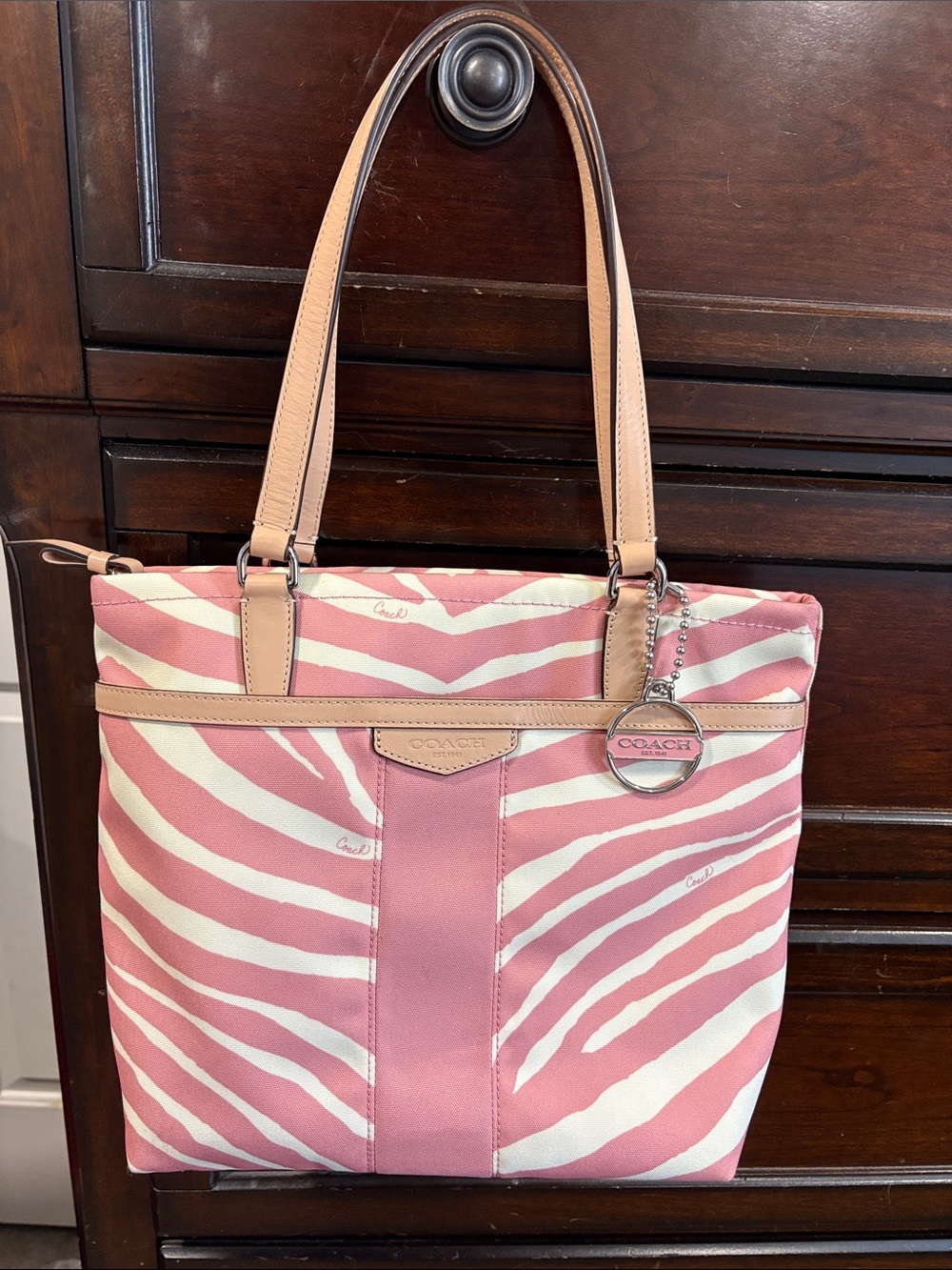 Coach Pink and White Zebra Stripe Tote with Leather Trim